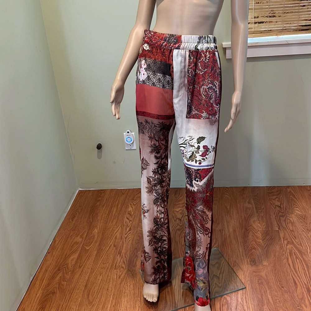 Zara Patchwork Elastic Waist Pants With Burgundy On Sides Size L